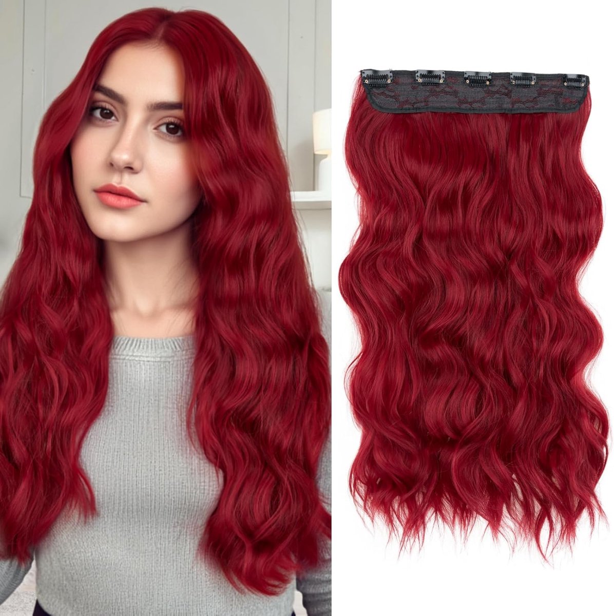 Clip-in Haarstuk - Extensions Krullend - Direct Volume - Eén Stuk - 61 Cm - Wijnrood