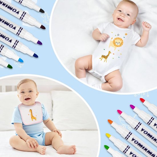 Kraamcadeau Knutselpakket: 6 Baby Slabbetjes en Rompertjes om Zelf te Schilderen met 12 Textielstiften en 22 Sjablonen - Kliedervrij Speelgoed (9-12 Maanden) — afbeelding 2