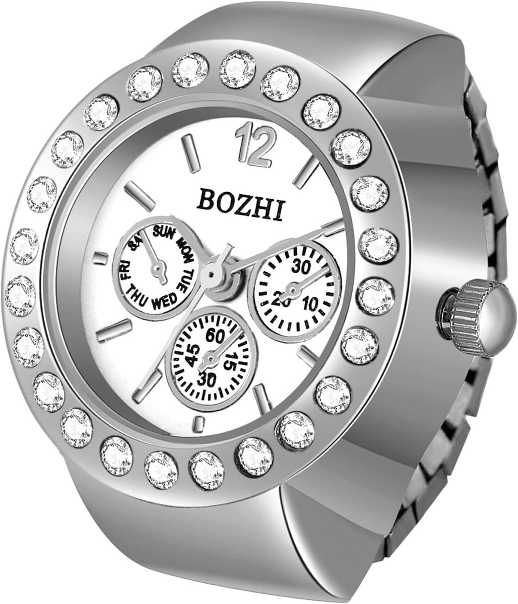 Ringhorloge Analoog - Vingerhorloge Dames - Tijd Aflezen - Arabische Cijfers - Elastische Band - Zilverkleurig