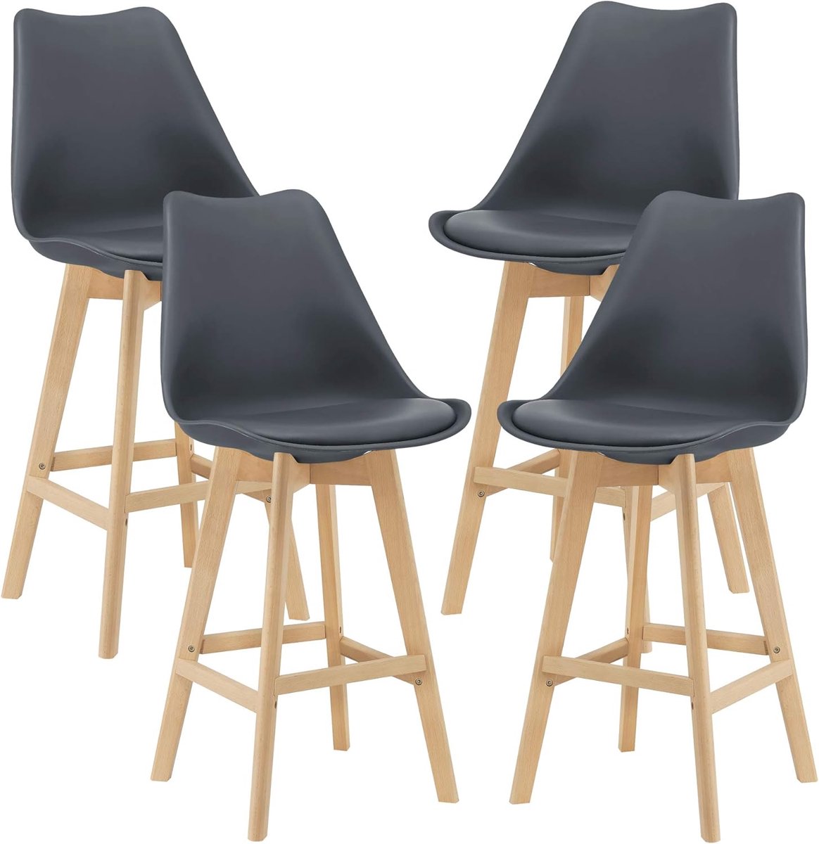 Set van 4 Barkrukken Grijs Kunstleer en Massief Beukenhout - Hoge Barstoelen