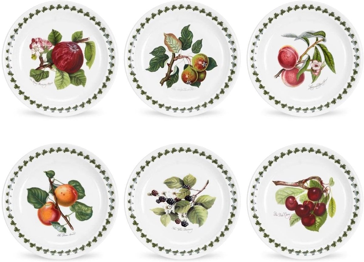 Set van 6 Porseleinen Borden met Fruitmotief, Meerkleurig