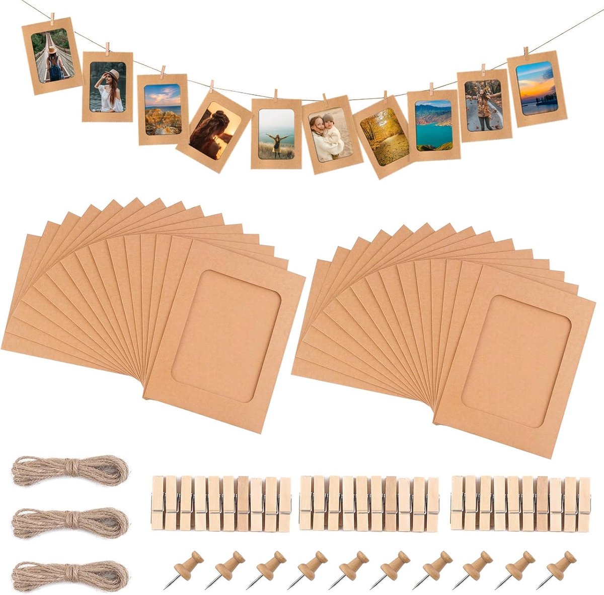 30 Stuks Fotolijsten van Karton voor Doe-Het-Zelf Wanddecoratie met Ophangclips en Touw