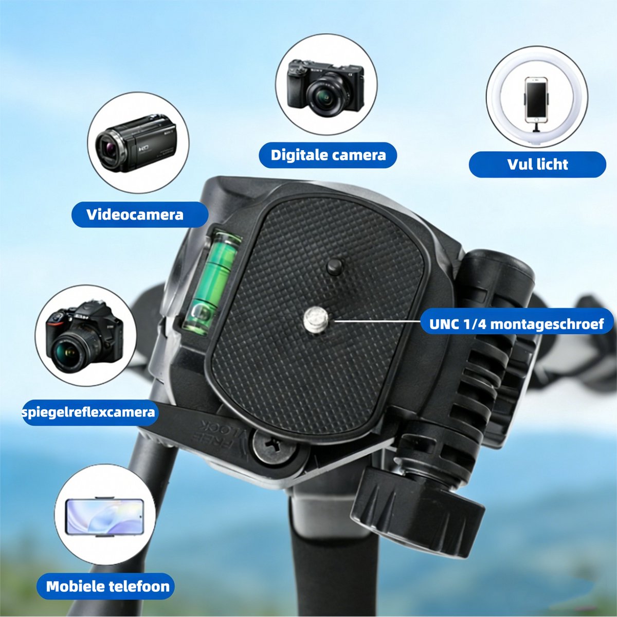 Fokelyi Camera Statief 172cm - Aluminium Tripod met Bluetooth thumbnail 6