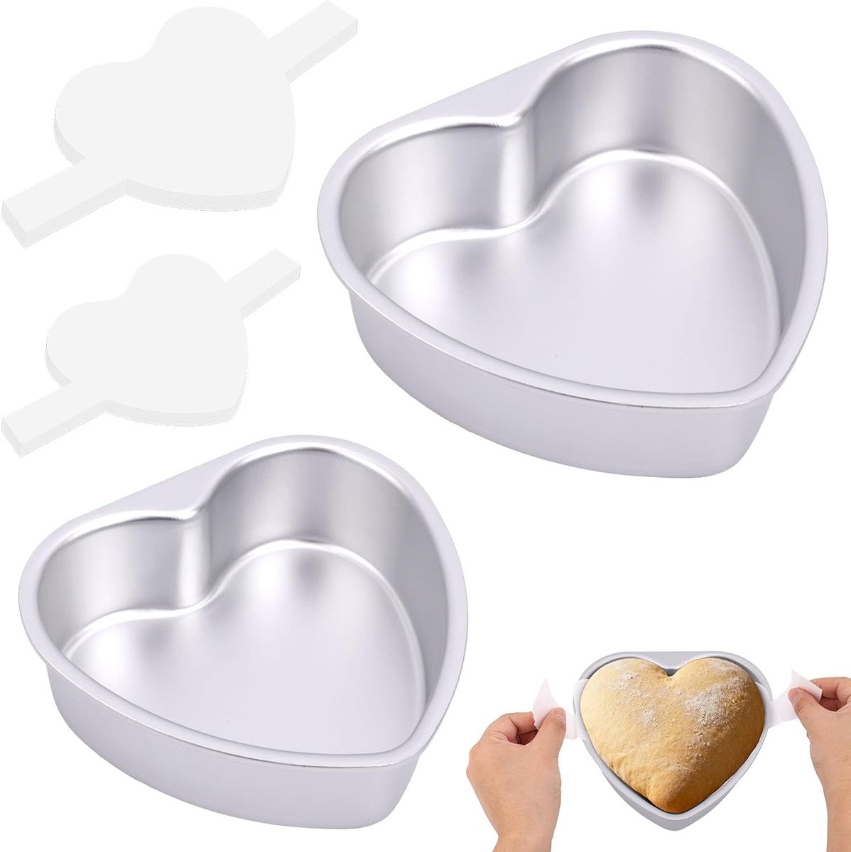Set van 2 Hartvormige Bakvormen, Antiaanbak Aluminium, Inclusief Bakpapier