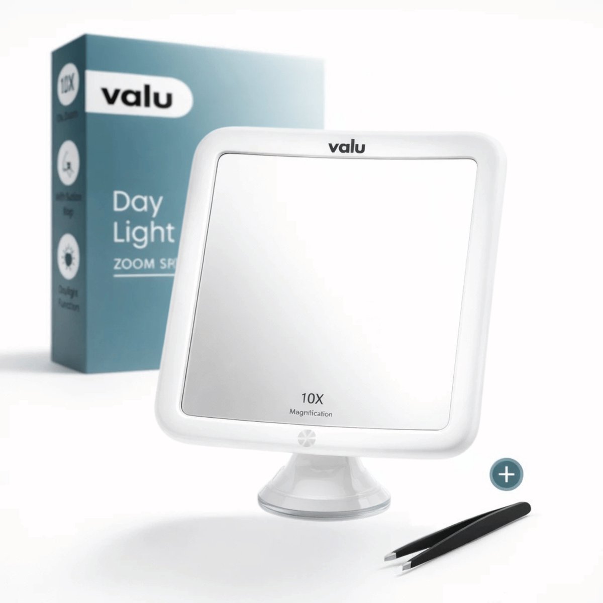 Valu Make-up Spiegel met Verlichting – 10x Zoom – 360° Rotatie – LED Vanity Spiegel met Sterke Zuignap & Pincet