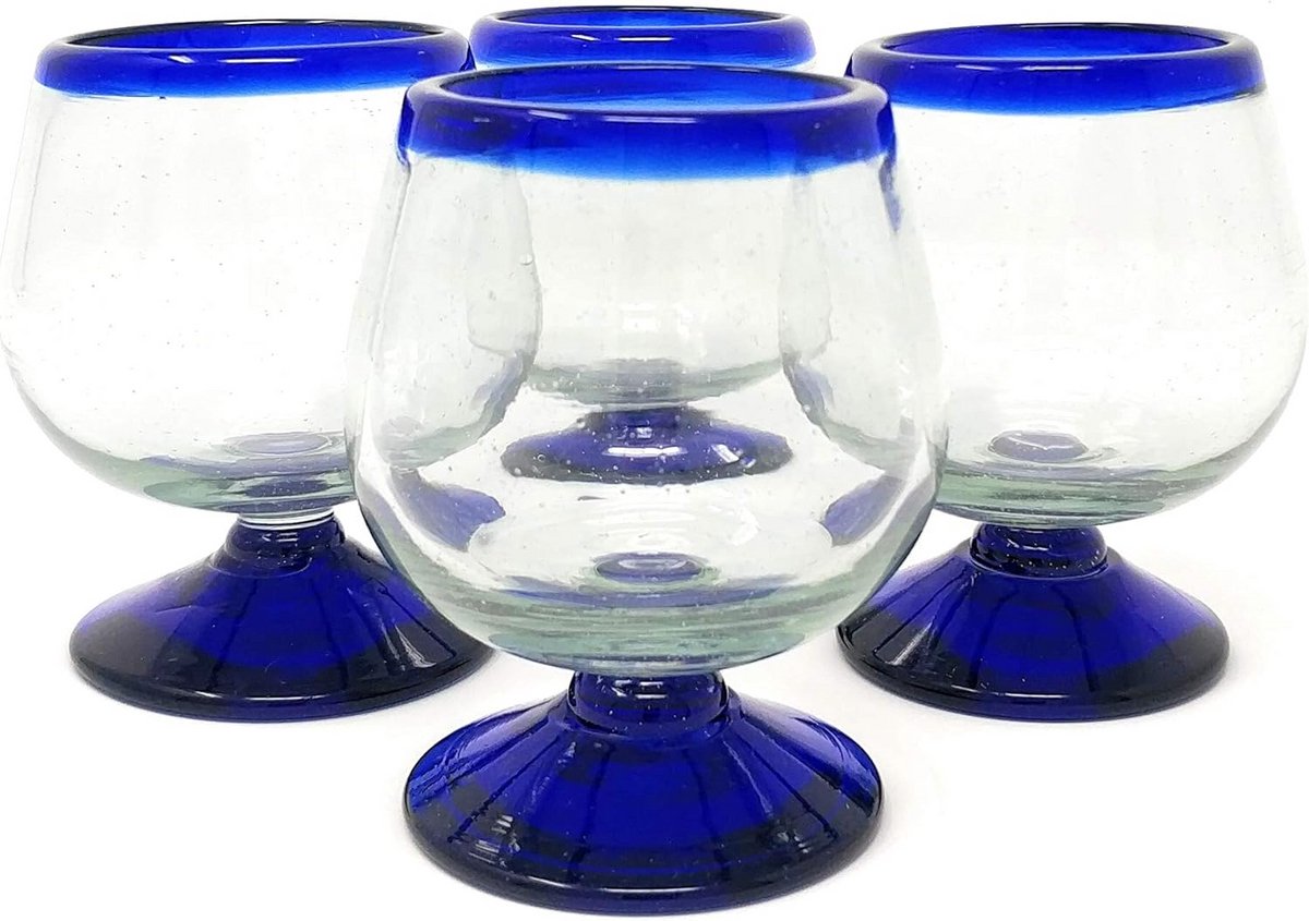 Set van 4 Handgeblazen Cognacglazen met Kobaltblauwe Rand