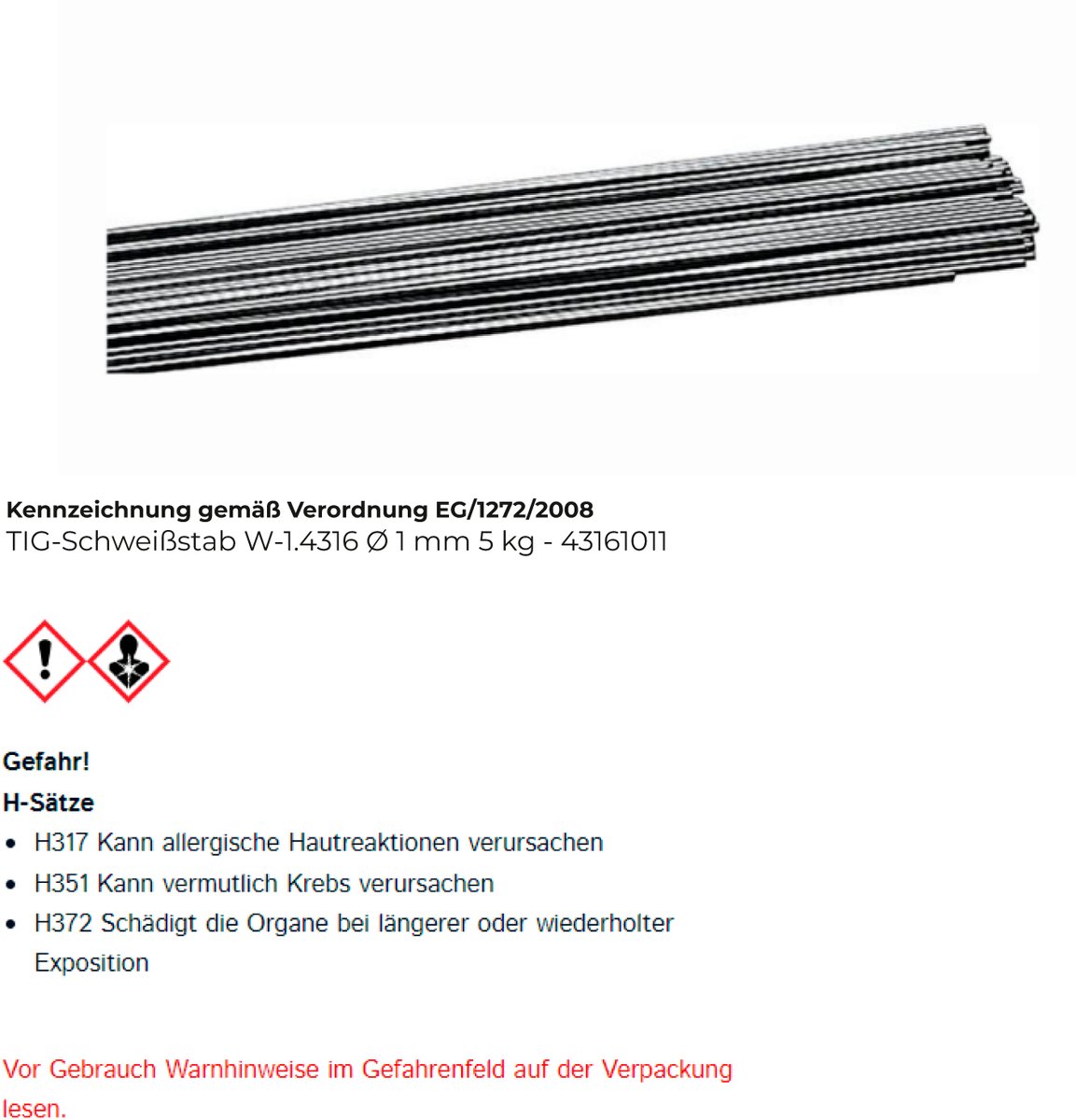 TIG-lasstaaf W-1.4316 Ø 1 mm - 43161011