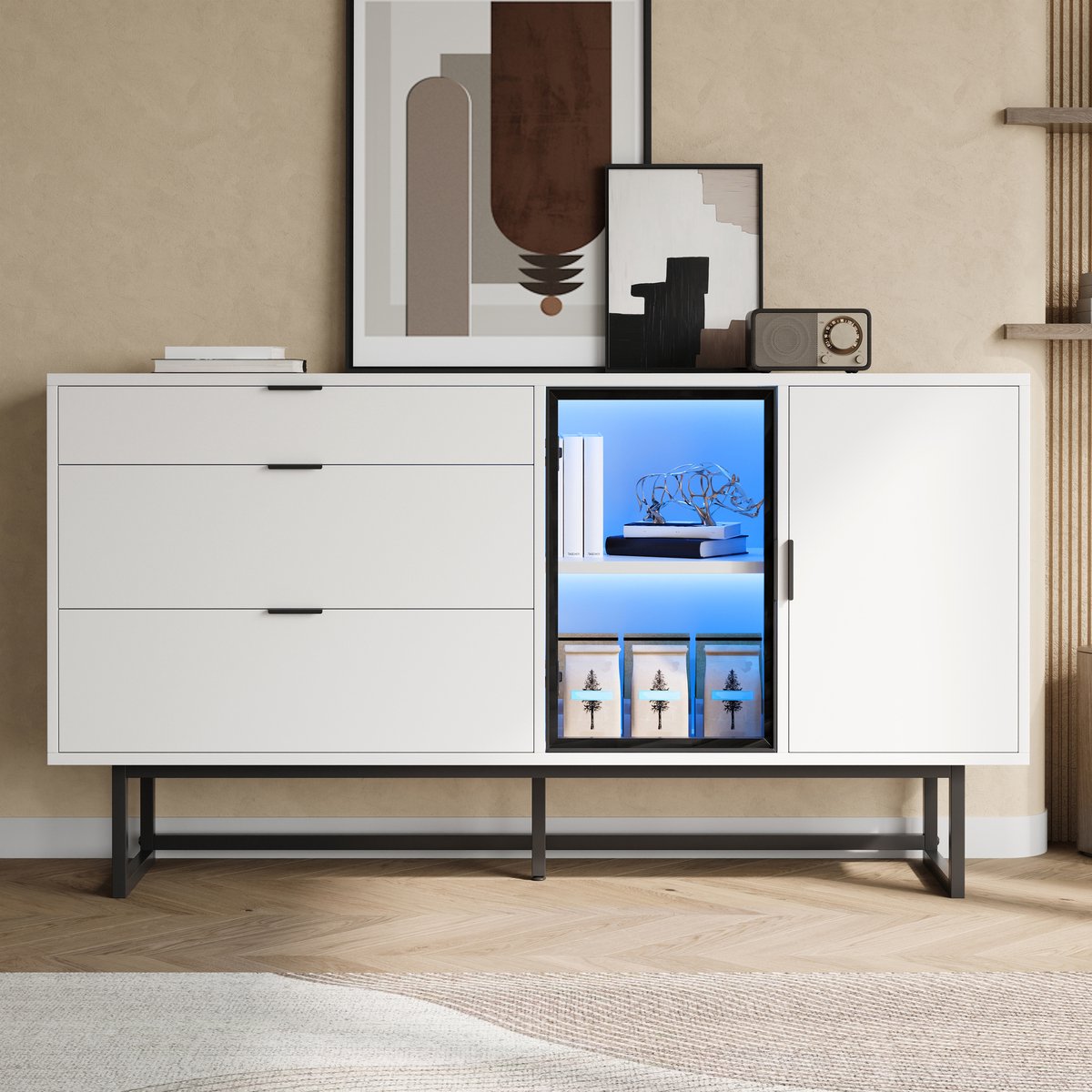 MODFU Dressoir - Met 3 Laden En Glazen Deuren - Modern - Voor Eetkamer Of Woonkamer - MDF En Spaanplaat - Wit - 160 x 36 x 78 cm