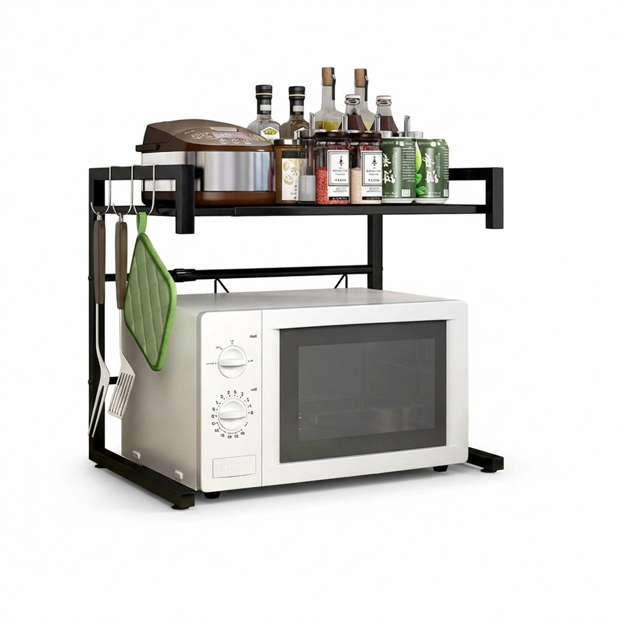 Hearyoo Magnetron Rek - Verstelbaar 36‑57 cm - Sterk Keuken Opbergrek met 4 Haken - Microwave Organizer - Zwart Metaal