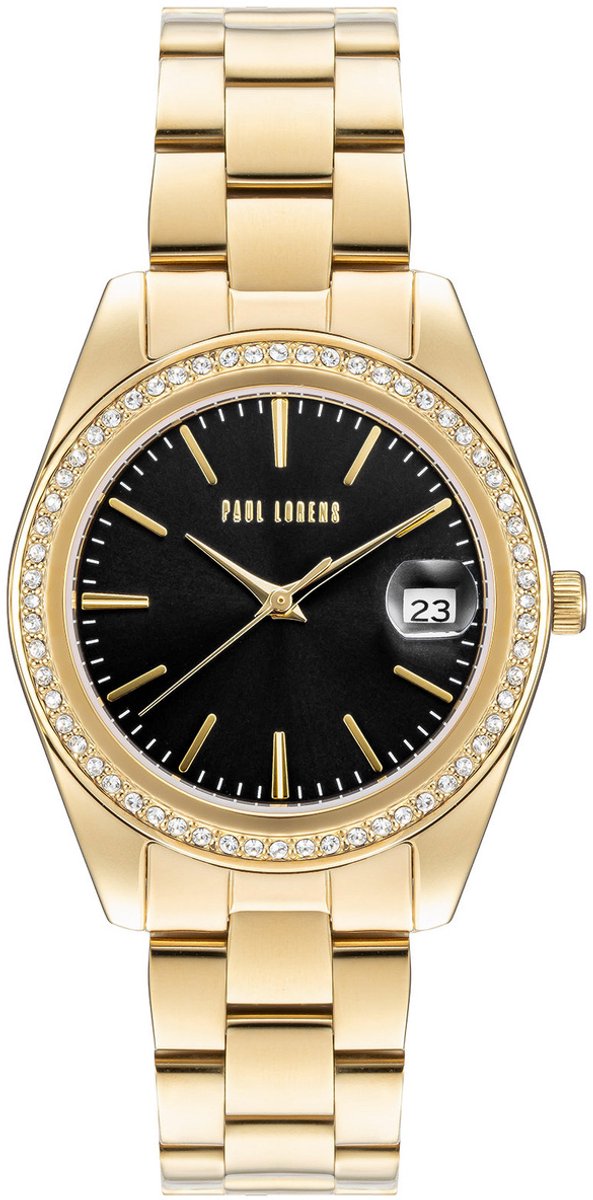 Paul Lorens PL20001B-1D1 - Dameshorloge - Zwarte Wijzerplaat - Gouden Band - Date Display