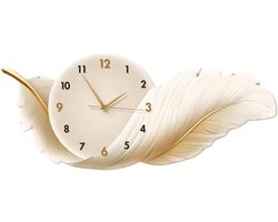 Wandklok - Luxe verenklok - Wandklok met verendecoratie - 50 x 21 cm - Decoratieve wandklok voor de eetkamer - Stille decoratieve wandklok - Grote wandklok - Metalen wandklok voor huisdecoratie - Beige