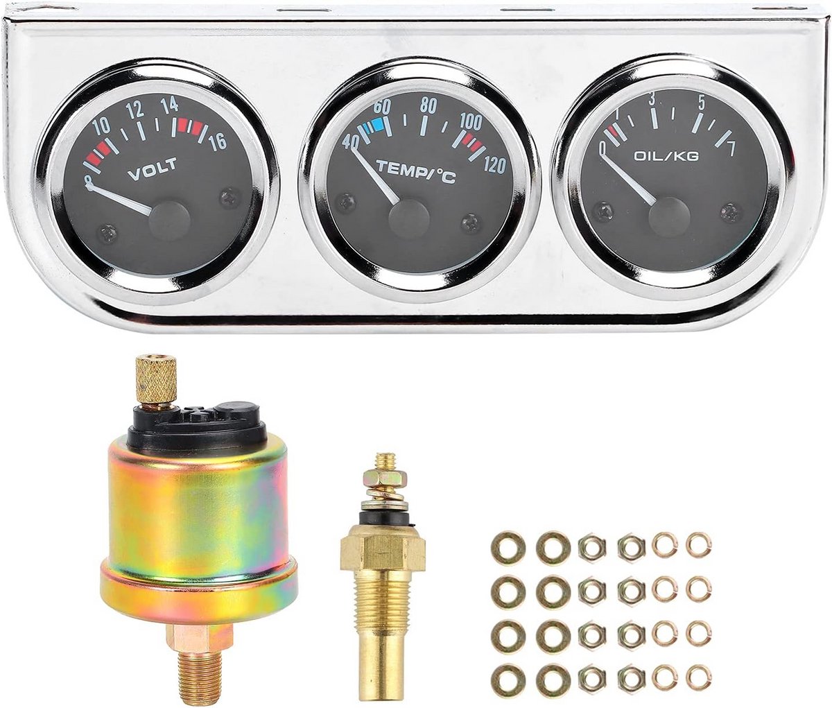 Universele 3-in-1 Auto Meter voor Oliedruk, Watertemperatuur en Voltage (12V)