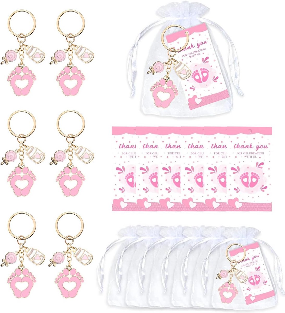 6 Sets Babyshower Uitdeelcadeaus Rotsleutelhanger met Organzazakjes en Bedankkaartjes