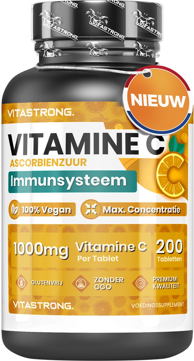 Vitastrong Vitamine C 1000mg Langzame Afgifte – 200 Vegan Tabletten - Pure Ascorbinezuur met Hoge Opname - Immuunsysteem, Vermoeidheid, Collageenvorming, Huid, Botten & Tanden – 6+ Maanden Voorraad