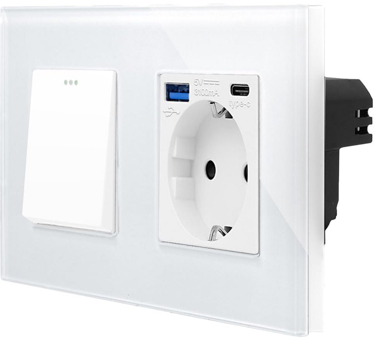 Inbouw Lichtschakelaar met Dubbel Stopcontact en USB-C/A Oplader - Glazen Spiegel