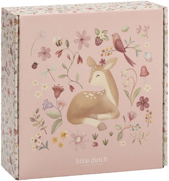 Roze knutseldoos met illustratie van een hertje te midden van bloemen, planten, een vogeltje en een paddenstoel. Tekst 'little dutch enjoy the little things'.