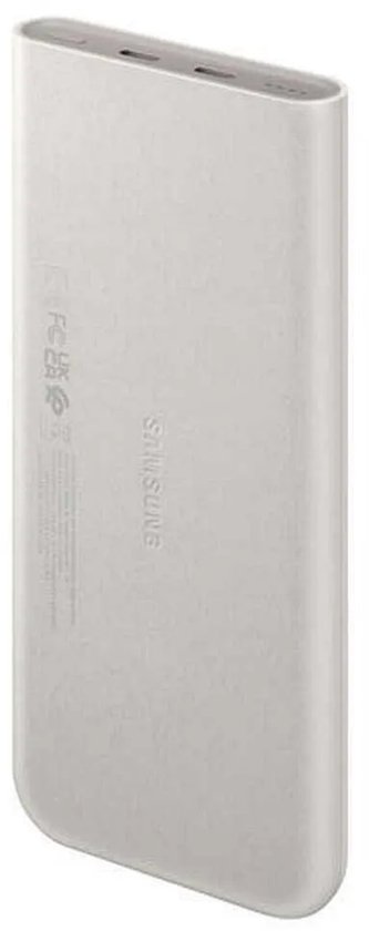 Achterkant van de lichtgrijze powerbank met Samsung logo en certificeringen.