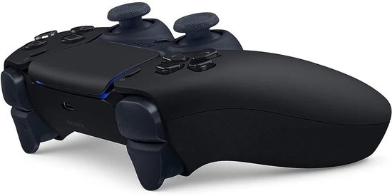 Zijkant van een zwarte DualSense controller, met blauwe lichtstrips.