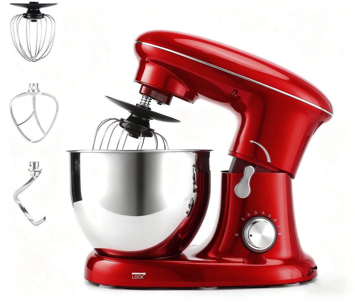 NETTLIFE Keukenmachine – 1400W – 5L Rührschüssel – met Knethaken Rührbesen Schneebesen – Voor Brot Pizzateig Kuchen Sahne – Rood