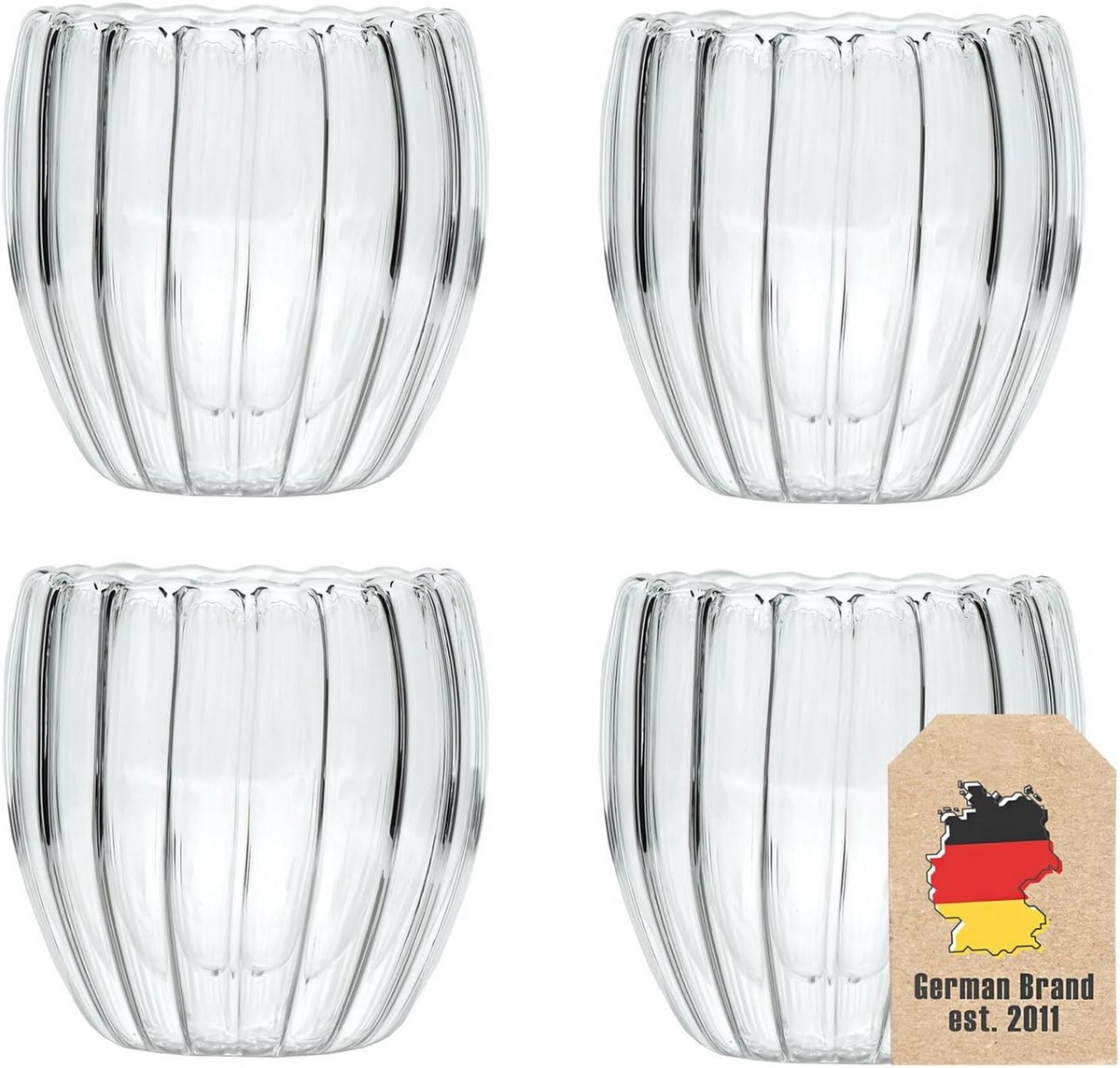 4x Dubbelwandige Thermoglazen Set - Gestreept Design - 190 ml Capaciteit - Zwevend Effect