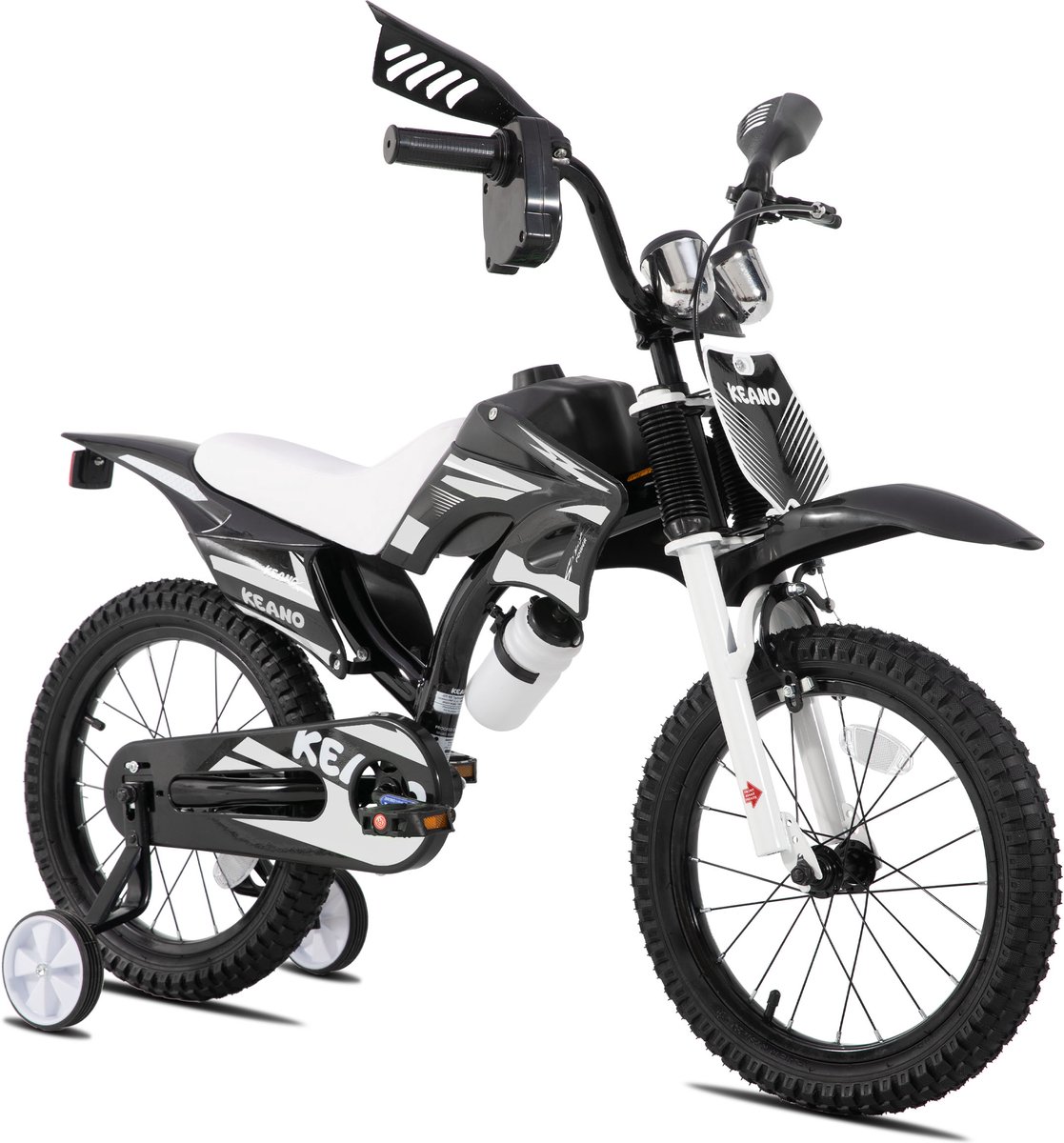 KEANO Motocross Stoere Kinderfiets - 16 Inch - Voor Jongens & Meisjes (4-7 jaar) - Met Zijwieltjes & Nummerbord - Zwart