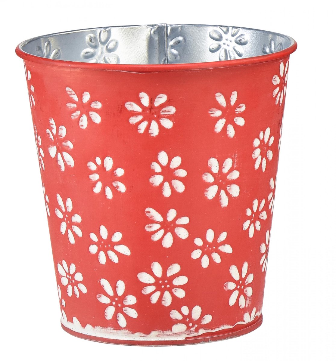 Rode en witte bloempot met bloemenprint, metaal, Ø12,5 cm H11,5 cm