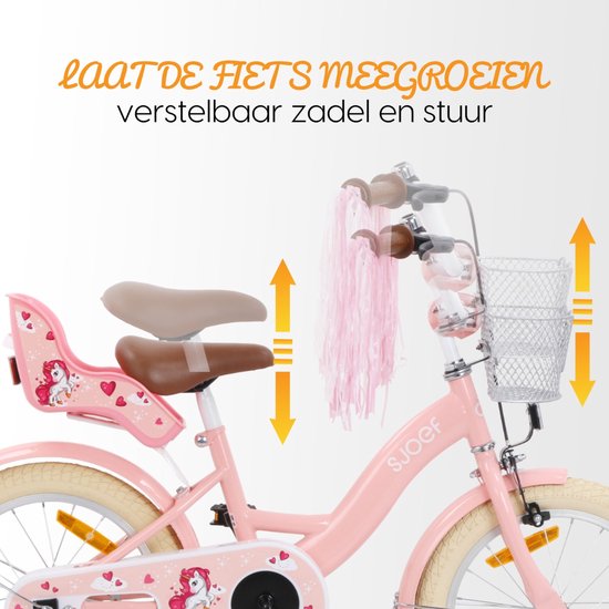SJOEF Dolly Meisjesfiets 16 inch Roze - Unicorn Design - Kinderfiets met zijwieltjes 4, 5 & 6 jaar - 103-118 Kledingmaat - Roze Fiets 16 inch van SJOEF — afbeelding 3