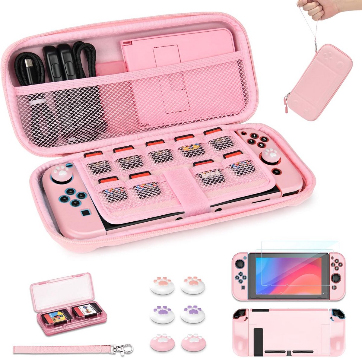 Draagbare Opbergcase voor Switch met Roze Knop Patroon en Schermbescherming
