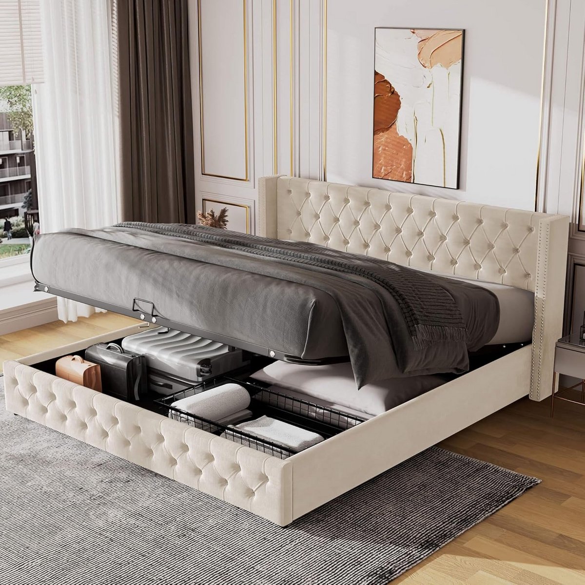 Gestoffeerd Tweepersoonsbed met Opbergruimte en Lattenbodem, 140x200 cm, Beige