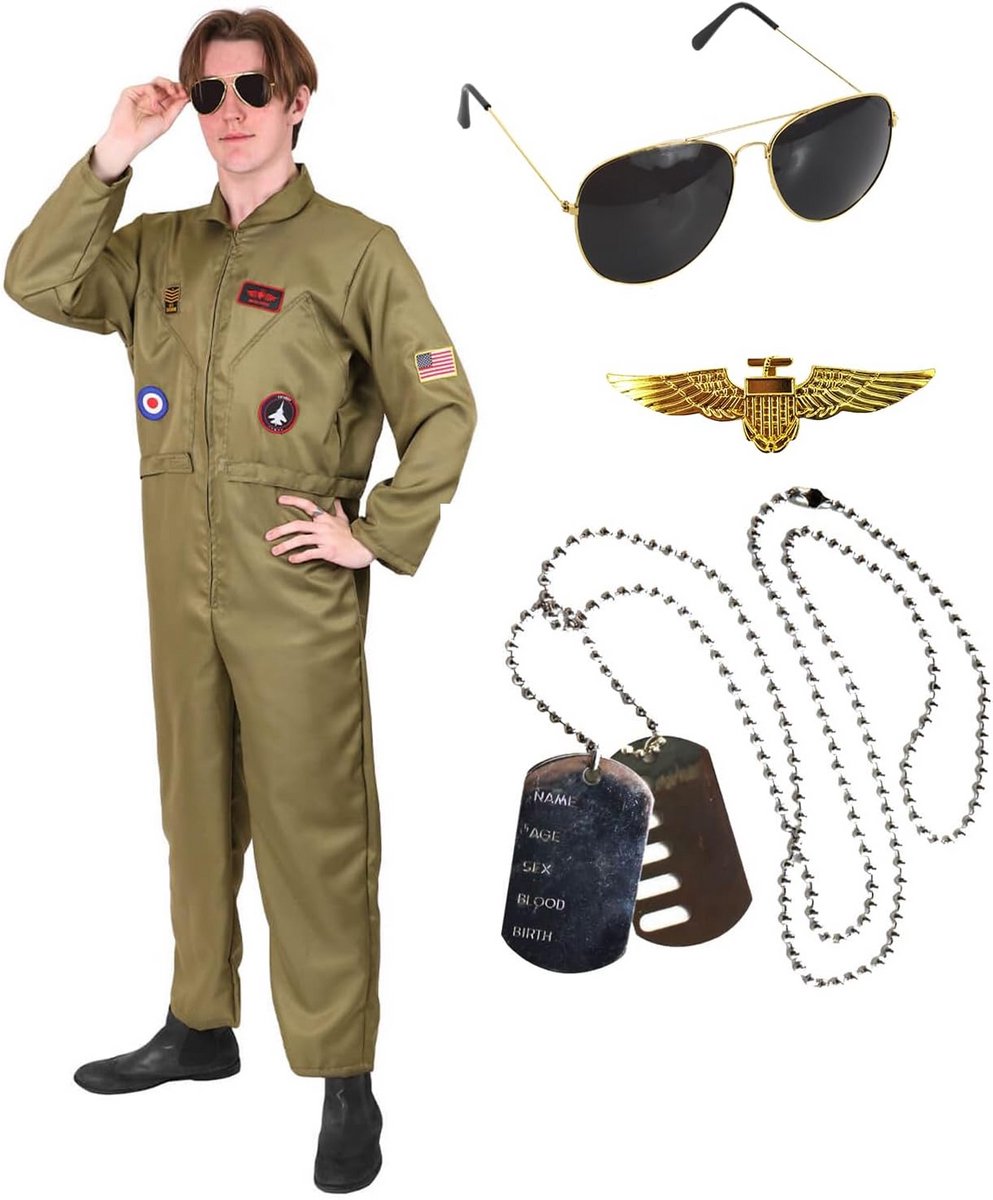 Pilot Kostuum voor Heren - Compleet Aviator Jumpsuit met Zonnebril en Dog Tag