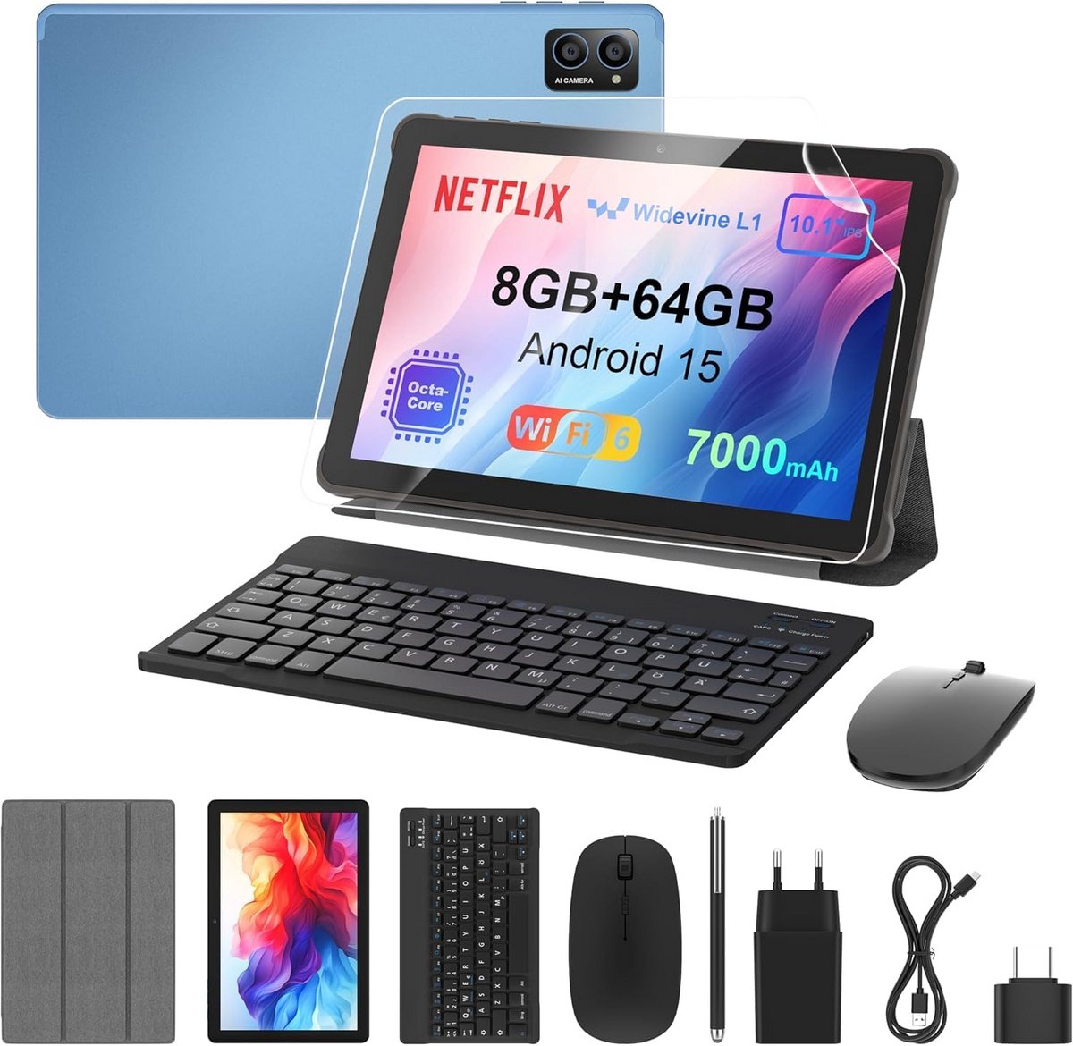 Android Tablet met Toetsenbord en Muis, 10 Inch FHD Scherm, 8GB RAM, 64GB Opslag, WiFi 6