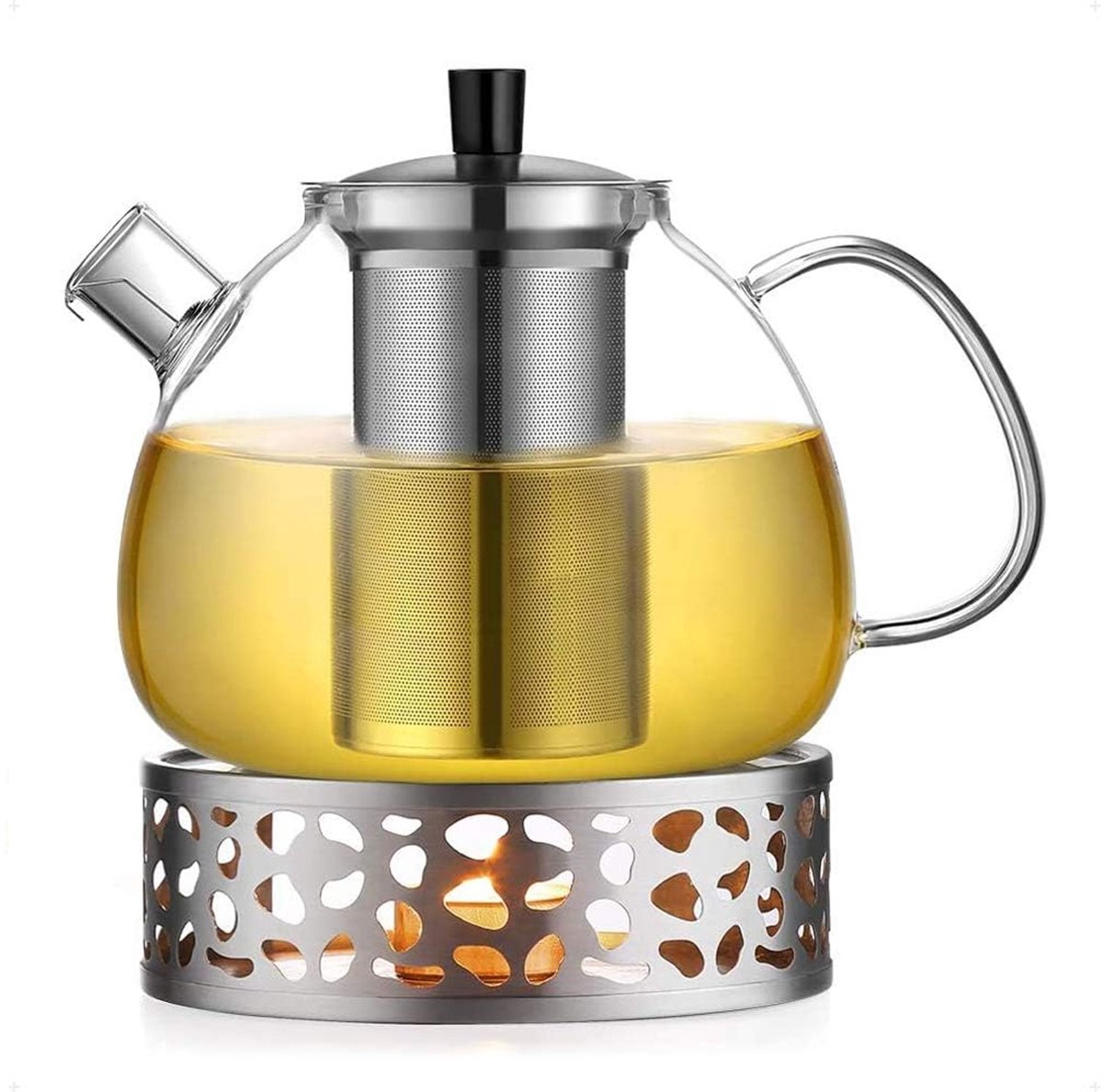 Gigicial Theepot - Glazen theepot - Hittebestendig borosilicaatglas met ultrafijn theezeefje en verwarmingsplaat - 1 stuk - Geschikt voor losse theebladeren en theezakjes, transparant