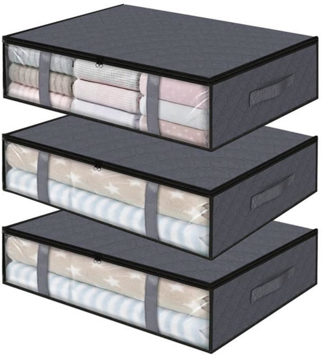 Opbergtassen - Opbergruimte onder het bed - 3-delige set - Opvouwbaar - 4 handvatten - Grijs