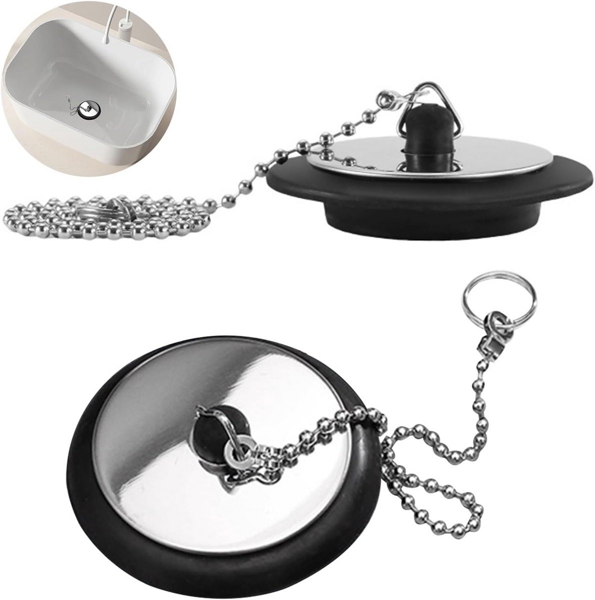 2x Universele Gootsteenplug / Wastafelstop met Ketting (42-45mm) - Rubber Bad & Keuken Afvoerstop