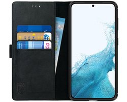 Rosso Deluxe Echt Leer Book Case Hoesje Geschikt voor Samsung Galaxy S22 | Ruimte voor drie pasjes | Portemonnee Book Case | Met Pasjeshouder | Zwart