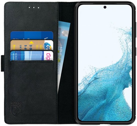 Rosso Deluxe Echt Leer Book Case Hoesje Geschikt voor Samsung Galaxy S22 | Ruimte voor drie pasjes | Portemonnee Book Case | Met Pasjeshouder | Zwart