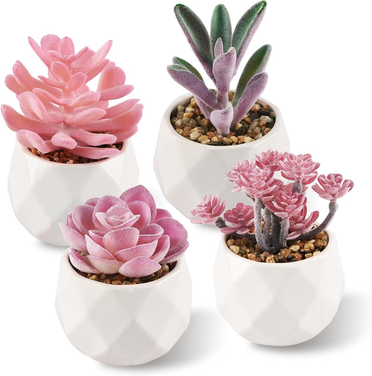 Set van 4 Kleine Kunstvetplanten in Roze en Witte Keramische Potten