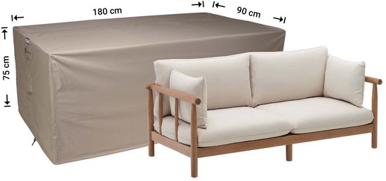 Afmetingen van een taupe hoes voor een loungebank: 180 cm lang, 90 cm breed en 75 cm hoog, naast een taupe bank.