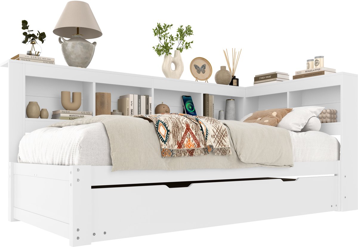 Wishdor Dagbed 90x200 cm – Uitschuifbaar onderschuifbed, stopcontact & USB – Wit – Moderne logeerkamer in één meubel