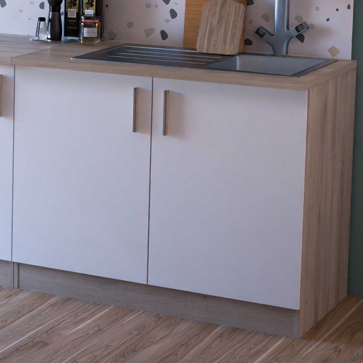 Gootsteenonderkast Romanie 100 Cm-2 Draaideuren En 1 Legplank-Kronberg Eik/mat Wit - CBA - Keuken Gootsteenkast - Wit; Bruin - Melamine; Spaanplaat