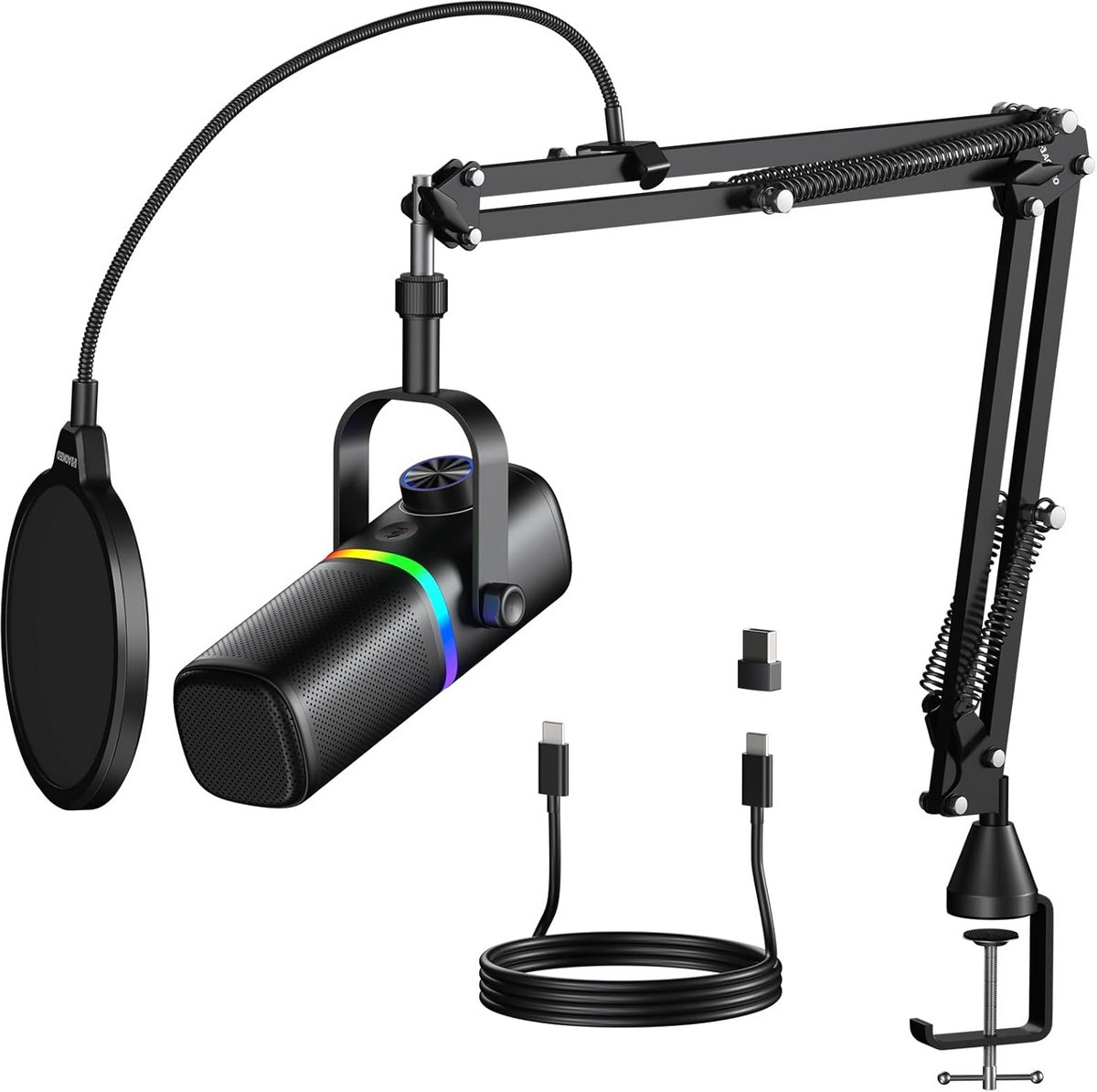 Dynamische USB-gamingmicrofoon met microfoonarm, cardiode opnamepatroon, RGB-verlichting, voor PC, Mac, PS4, PS5 en telefoons