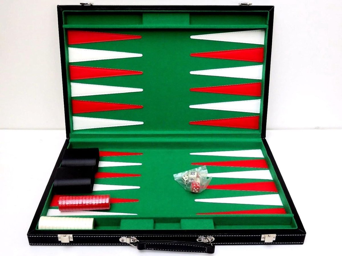 Deluxe Backgammon Set 53 cm - 2 Spelers - Speelveld voor Binnen en Buiten - Leder-look Etui - 38 mm Stenen - 4 Dobbelstenen - vanaf 7 Jaar - voor Familie en Vrienden