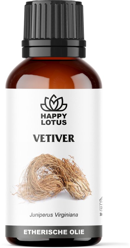 Flacon en verre brun d'huile essentielle de vétiver Happy Lotus 50ml, avec un bouquet de racines de vétiver séchées.