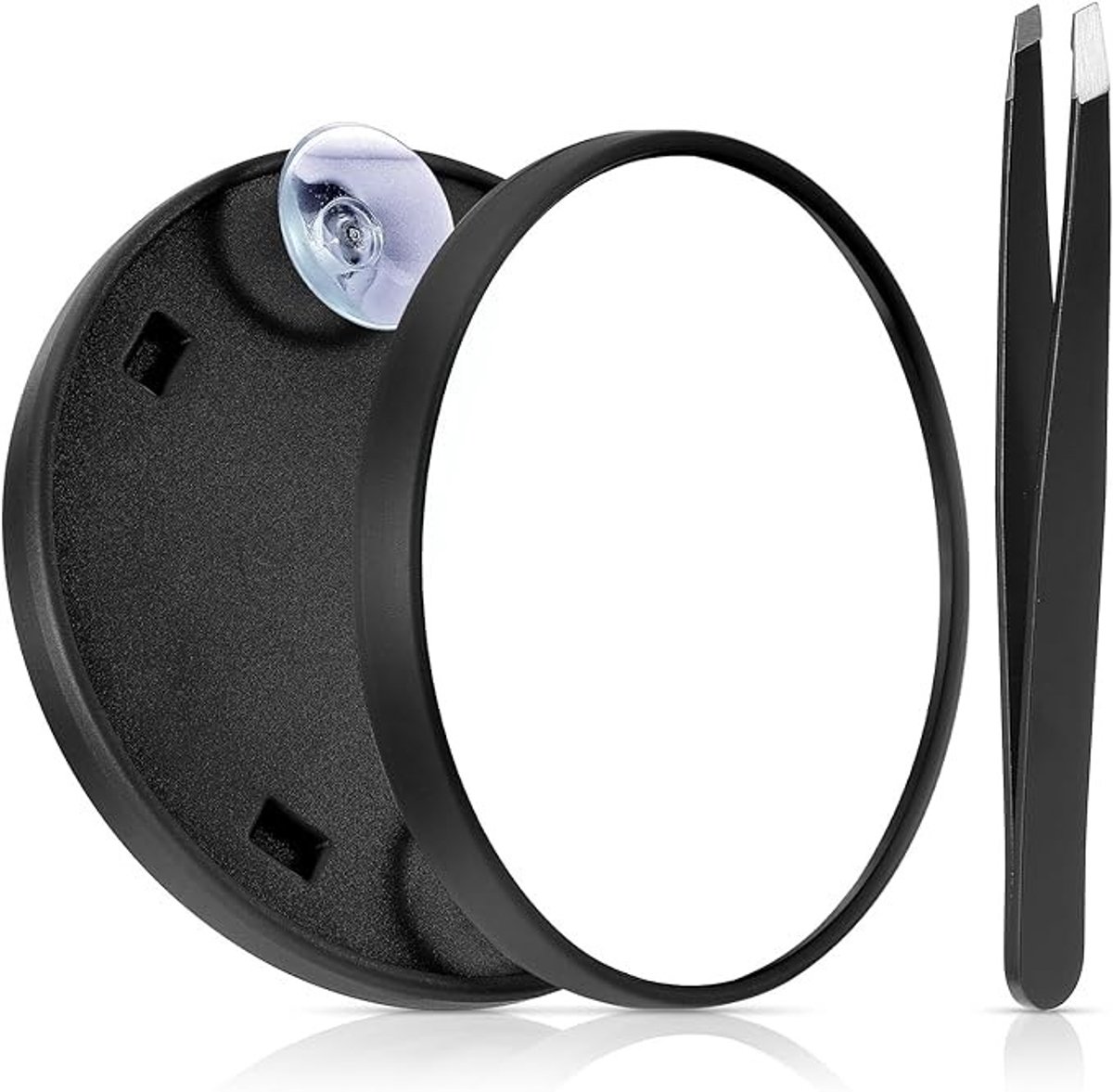 Compacte make-upspiegel met 5x vergroting, zuignap en pincet - Zwart