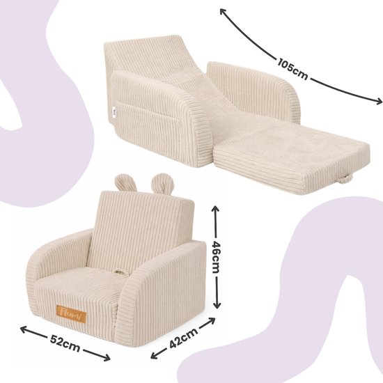 Flumi - 2 in 1 Uitschuifbare Kinderfauteuil - Schuimconstructie - Afneembare Wasbare Hoes - Corduroy Stof - Met Zijvakken - Roze van Flumi — afbeelding 5
