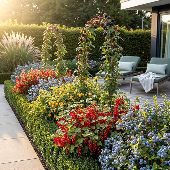 Een tuin met opgaande struiken met rode bessen, blauwe bessen, gele frambozen en bramen, geflankeerd door buxus.