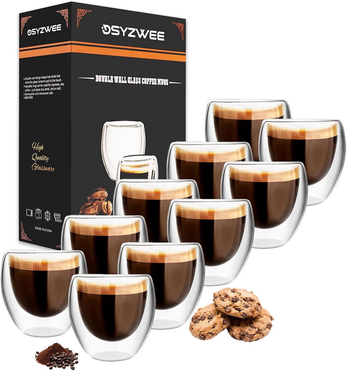 Set van 10 Dubbelwandige Borosilicaatglazen Espressokopjes 80 ml