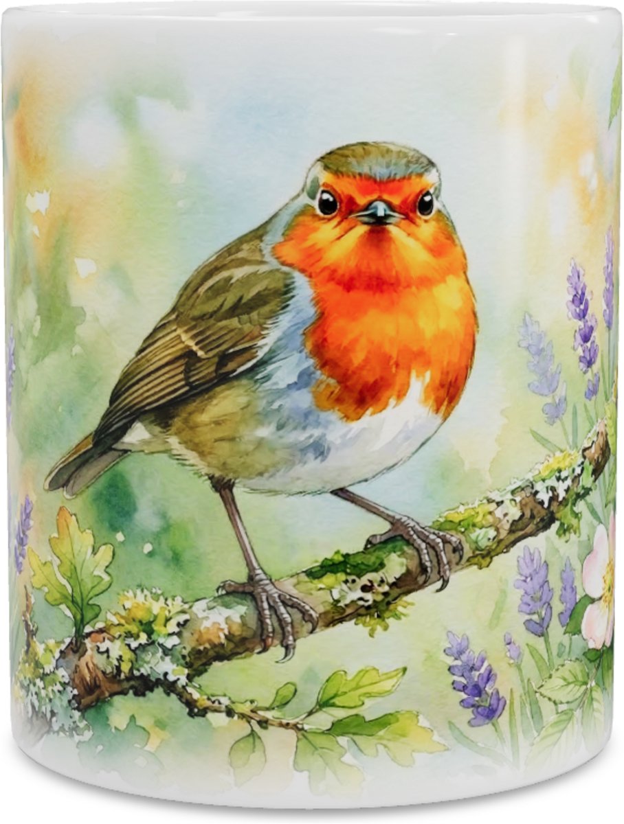 Mok met Lief Roodborstje "Aquarel Series" Schilderij - Schattige Koffiemok & Theemok met Tuinvogel - Natuur Thema voor Kantoor & Thuis - Speciaal Cadeau voor haar: Vrouw, Vriendin of Collega - Lieve Vogel Decoratie met Rozen & Lavendel