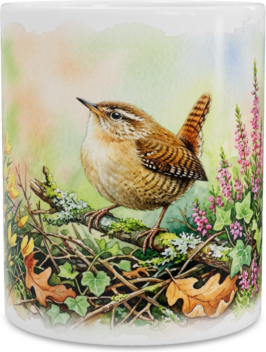 Schattige "Aquarel Series" Mok met Lief Winterkoninkje & Heide - Unieke Hollandse Tuinvogels - Sfeervolle Koffiemok & Theebeker voor Thuis of op het Werk en Kantoor - Origineel Cadeau met Vogels uit de Natuur voor haar: Vrouw, Vriendin of Collega