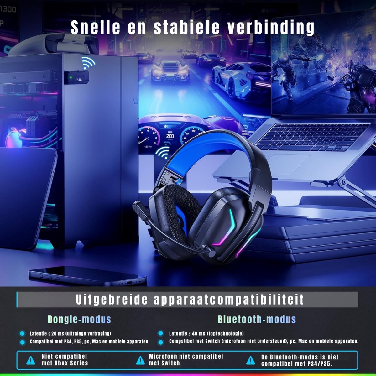 DYNA® Game headset draadloos - Headset - Game headset - Gaming headsets - Schaduwblauw - ‎20cm x 10cm x 20cm